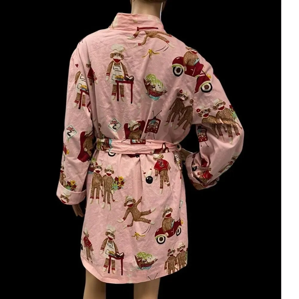 NICK & NORA L / XL Belted Lined Front Pockets Pink Sock Monkey Robe